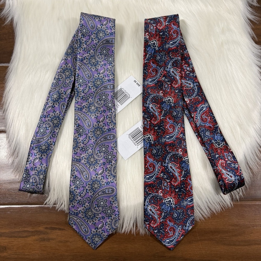 Lot of 2 Hickey Freeman 100% Silk Tie Red Blue Purple Paisley